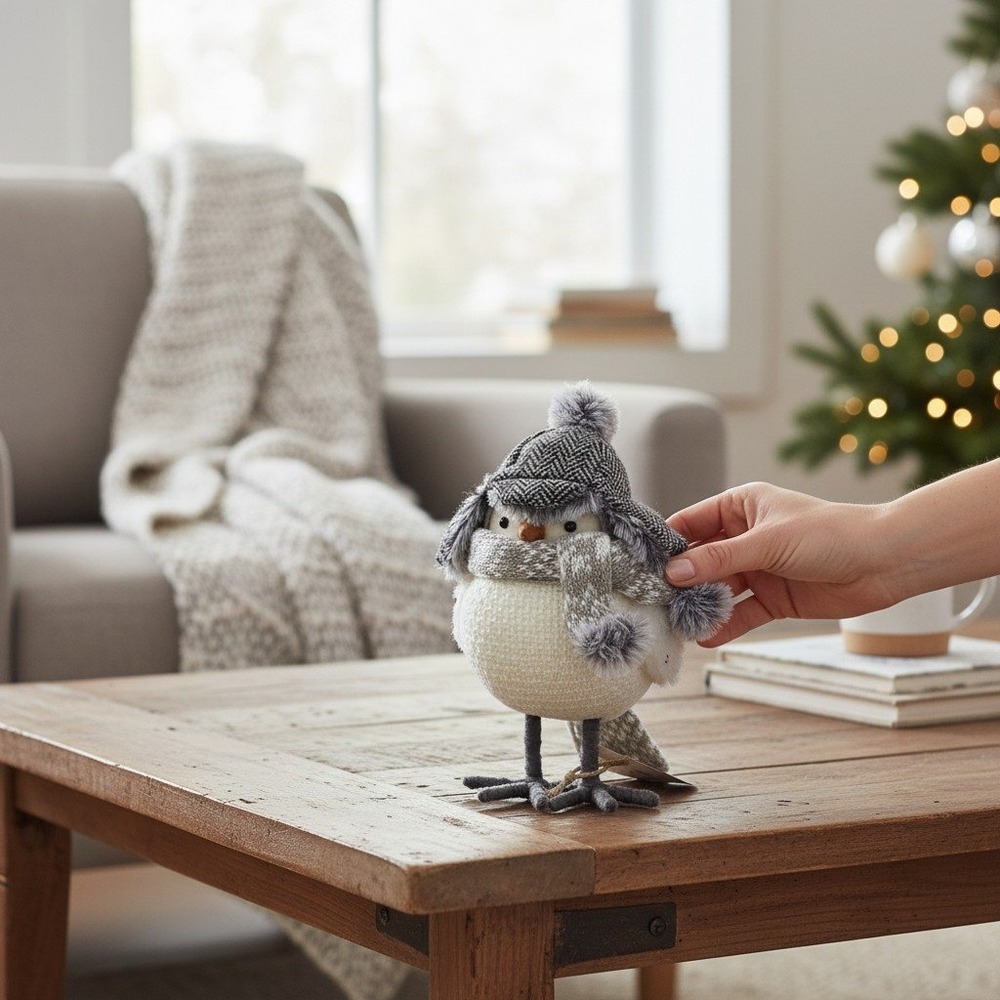 Arctic Holiday Bird Figurine Cream Grey BNWT Winter Decor Hat Scarf